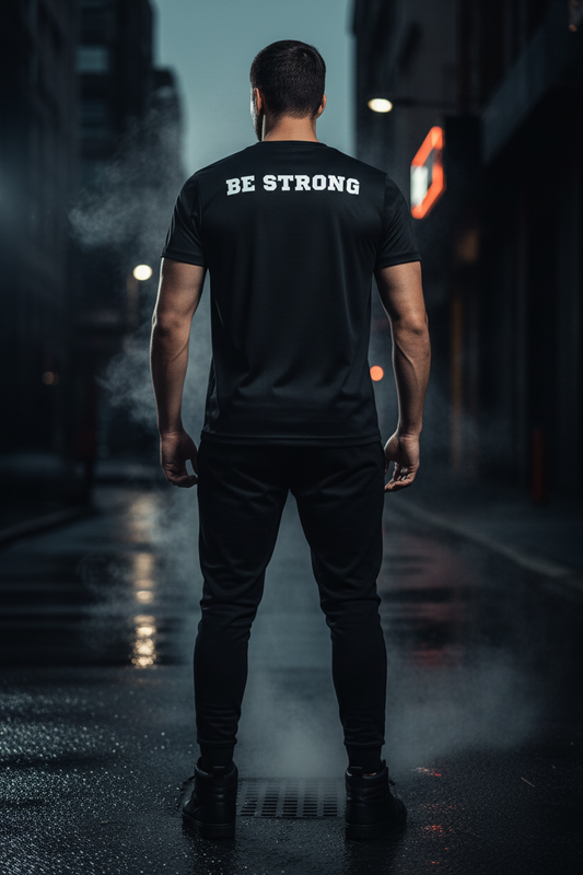 BE STRONG Tee – Anuncio editorial con modelo – KineryX